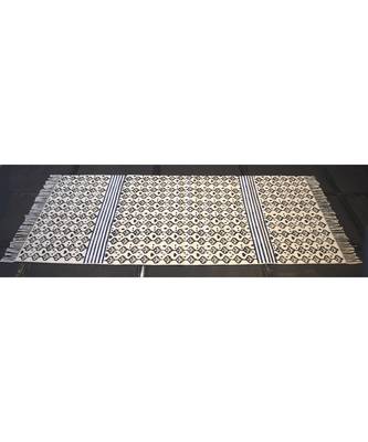 Hand Royal Black Floral Ethnic Traditional Block Print Fabric Cotton Kilim Rug 2