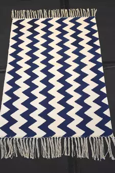 Hand-made Blue State zig zag Persian Block Print Fabric Kilim Rug Mat,Living Room Mat, Dinning Room Mat