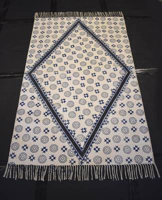 Hand Woven Turkish Blue Color Block Print Fabric Kilim Mat 1