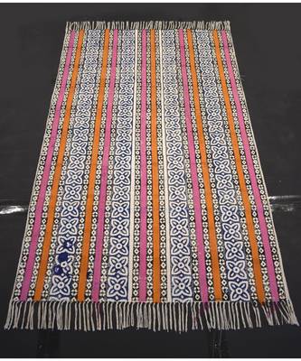 Hand-Woven Block Print Multi Color Striped Designer Rug Kilim Mat 1