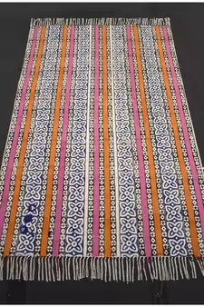Hand-Woven Block Print Multi Color Striped Designer Rug Kilim Mat