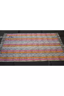 Hand-Woven Block Print Multi Color Striped Designer Rug Kilim Mat