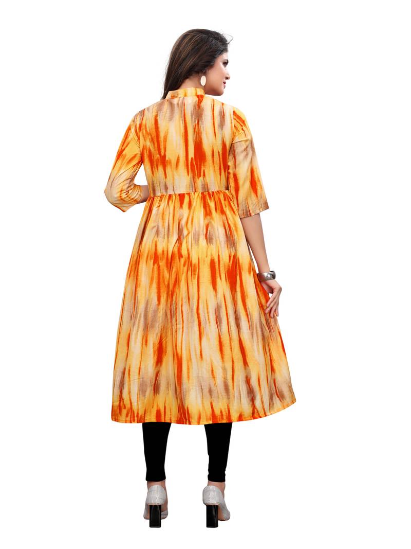 yellow Printed Muslin flair Kurti