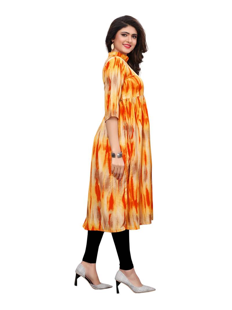 yellow Printed Muslin flair Kurti