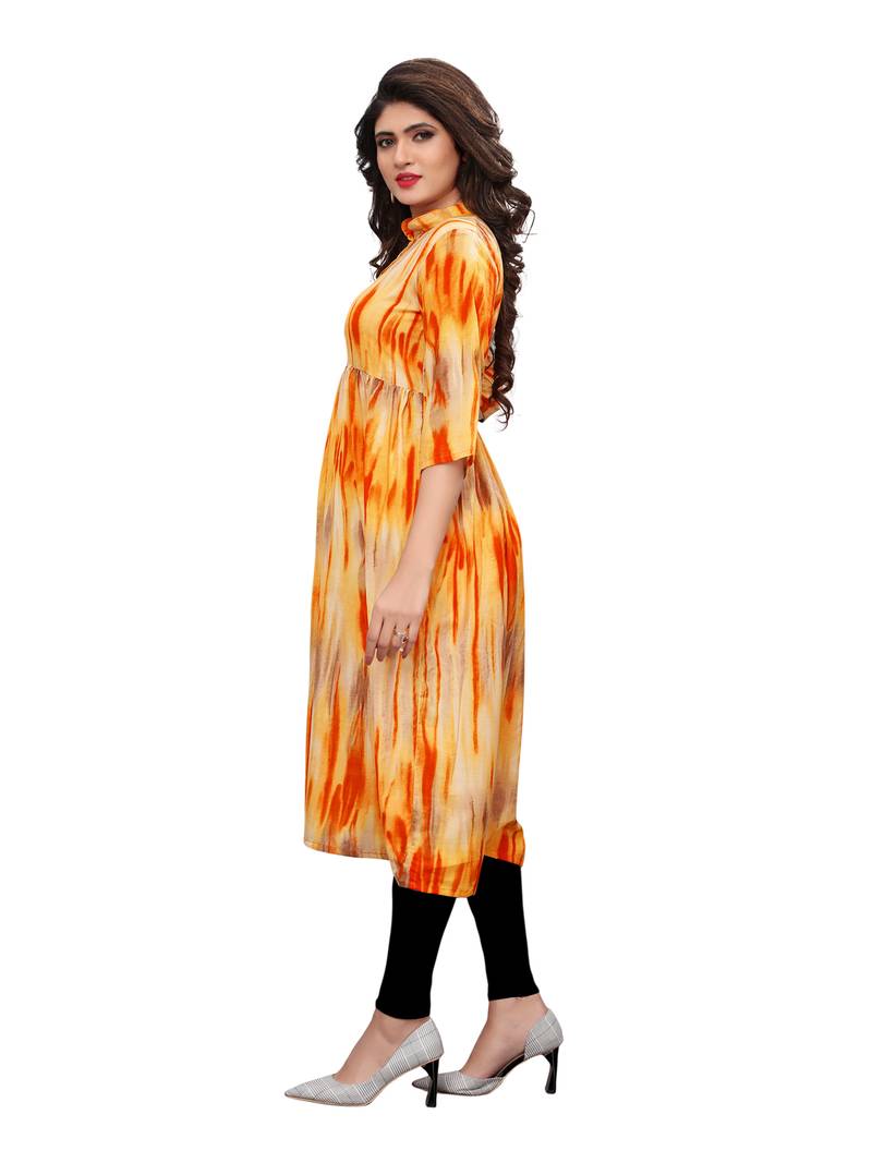 yellow Printed Muslin flair Kurti