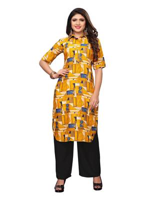 Yellow Printed Rayon Straight Kurti 1