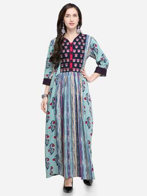 Turquoise printed rayon kurtas-and-kurtis 1