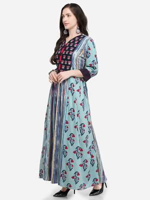 Turquoise printed rayon kurtas-and-kurtis 2