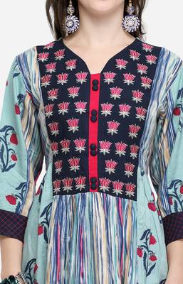 Turquoise printed rayon kurtas-and-kurtis 4