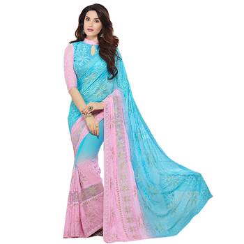 Sky blue embroidered chiffon saree with blouse 1