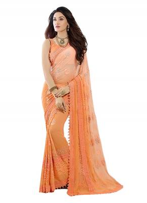 Orange embroidered chiffon saree with blouse 1