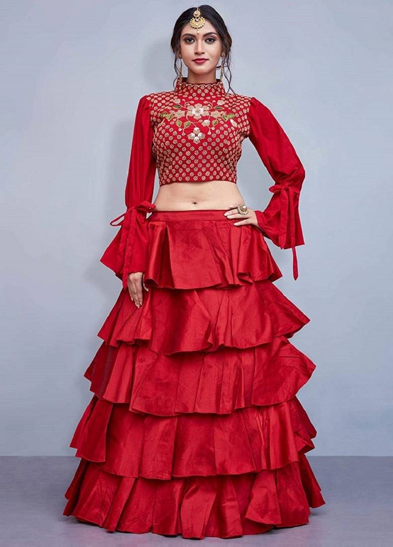 Red plain silk semi stitched lehenga - Yana Fab - 2793265