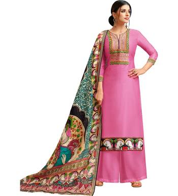 Pink Chanderi Silk Women's Palazzo Suit With Digital Printed Dupatta 1