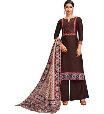 Brown Chanderi Silk Women's Palazzo Suit With Digital Printed Dupatta 1