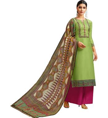 Parrot Green & Rani Pink Chanderi Silk Women's Palazzo Suit With Digital Printed Dupatta 1