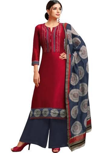 Maroon & Blue Chanderi Silk Women's Palazzo Suit With Digital Printed Dupatta