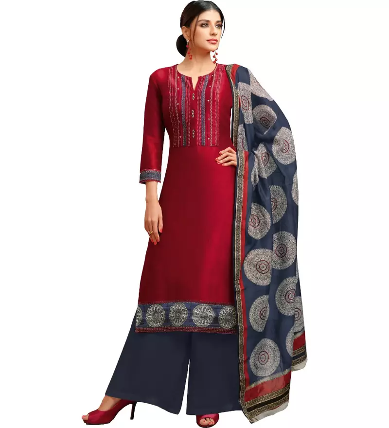Maroon & Blue Chanderi Silk Women's Palazzo Suit With Digital Printed Dupatta
