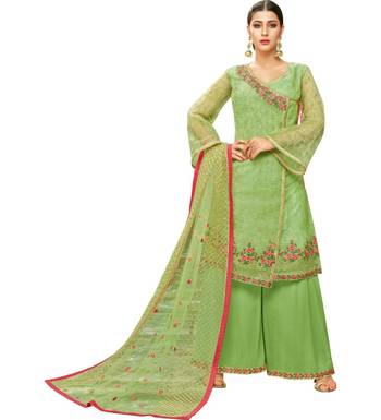 Parrot Green Heavy Embroidered Oragnza Women's Semi-Stitched Palazzo Suit 1