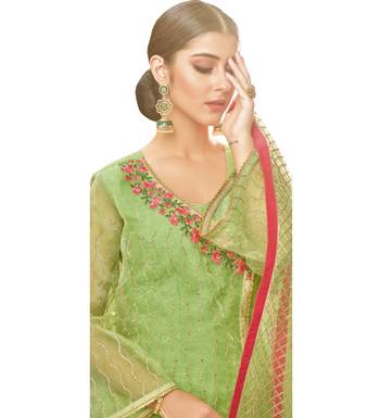 Parrot Green Heavy Embroidered Oragnza Women's Semi-Stitched Palazzo Suit 2