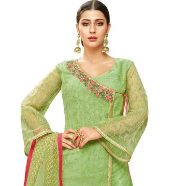 Parrot Green Heavy Embroidered Oragnza Women's Semi-Stitched Palazzo Suit 3