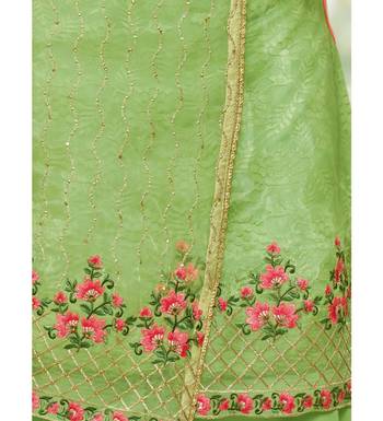 Parrot Green Heavy Embroidered Oragnza Women's Semi-Stitched Palazzo Suit 4