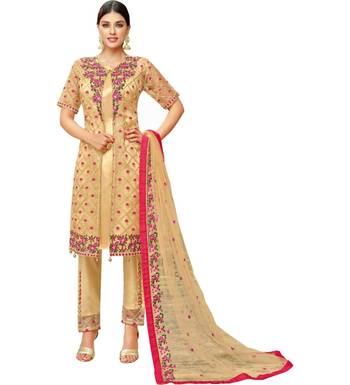 Beige Heavy Embroidered Oragnza Women's Semi-Stitched Straight Pant Suit 1