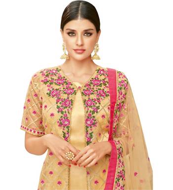 Beige Heavy Embroidered Oragnza Women's Semi-Stitched Straight Pant Suit 2