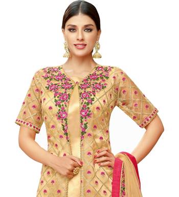 Beige Heavy Embroidered Oragnza Women's Semi-Stitched Straight Pant Suit 3