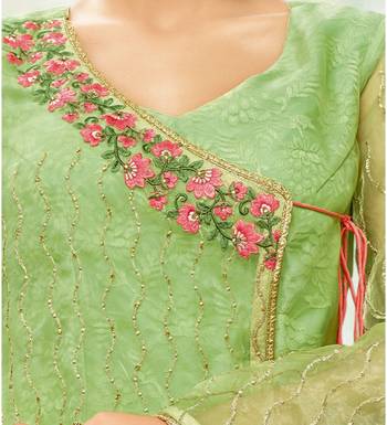 Parrot Green Heavy Embroidered Oragnza Women's Semi-Stitched Palazzo Suit 5
