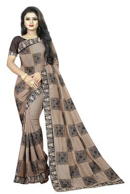Brown embroidered faux georgette saree with blouse 1