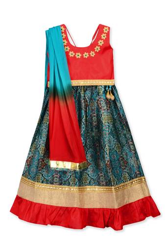 Red printed dupion silk stitched lehenga