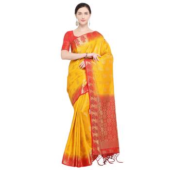 Yellow Woven Silk Blend Saree With Blouse 1