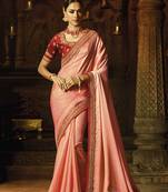 Peach embroidered silk blend saree with blouse