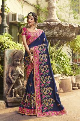 Blue embroidered silk blend  saree with blouse 1