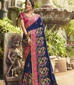 Blue embroidered silk blend  saree with blouse