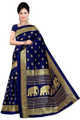 Blue printed art silk saree with blouse 1