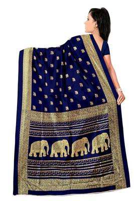Blue printed art silk saree with blouse 2