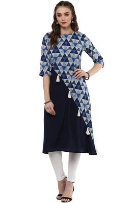 Janasya Navy-blue printed crepe kurti 1