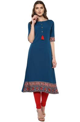 Turquoise printed crepe kurti 2