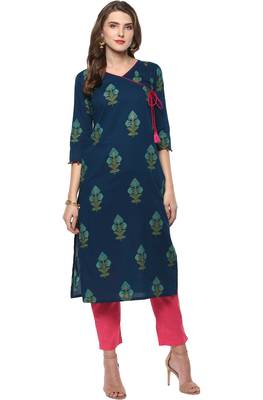 Janasya Turquoise printed cotton kurti 1