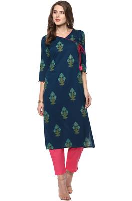 Janasya Turquoise printed cotton kurti 2