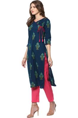 Janasya Turquoise printed cotton kurti 3