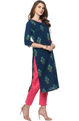 Janasya Turquoise printed cotton kurti 4