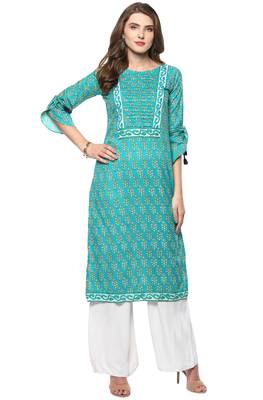 Janasya Turquoise printed cotton kurti 1