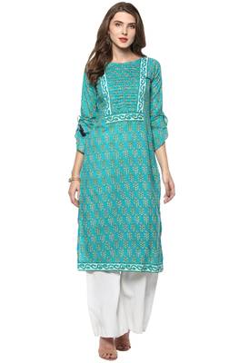 Janasya Turquoise printed cotton kurti 2