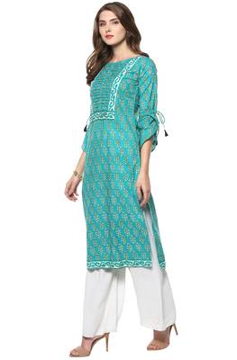 Janasya Turquoise printed cotton kurti 3