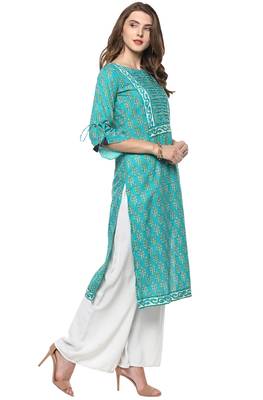 Janasya Turquoise printed cotton kurti 4