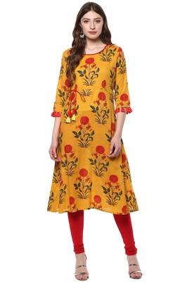 Janasya Yellow printed cotton kurti 1