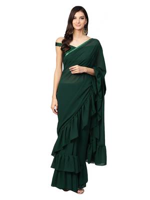 Inddus Bottle Green Georgette Solid Ruffle Saree With Blouse 1
