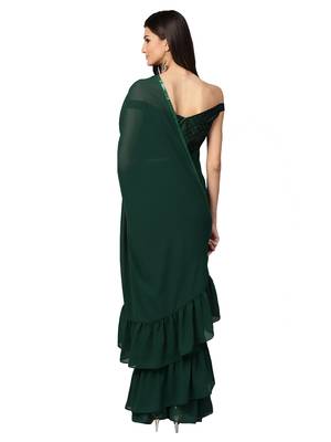 Inddus Bottle Green Georgette Solid Ruffle Saree With Blouse 2
